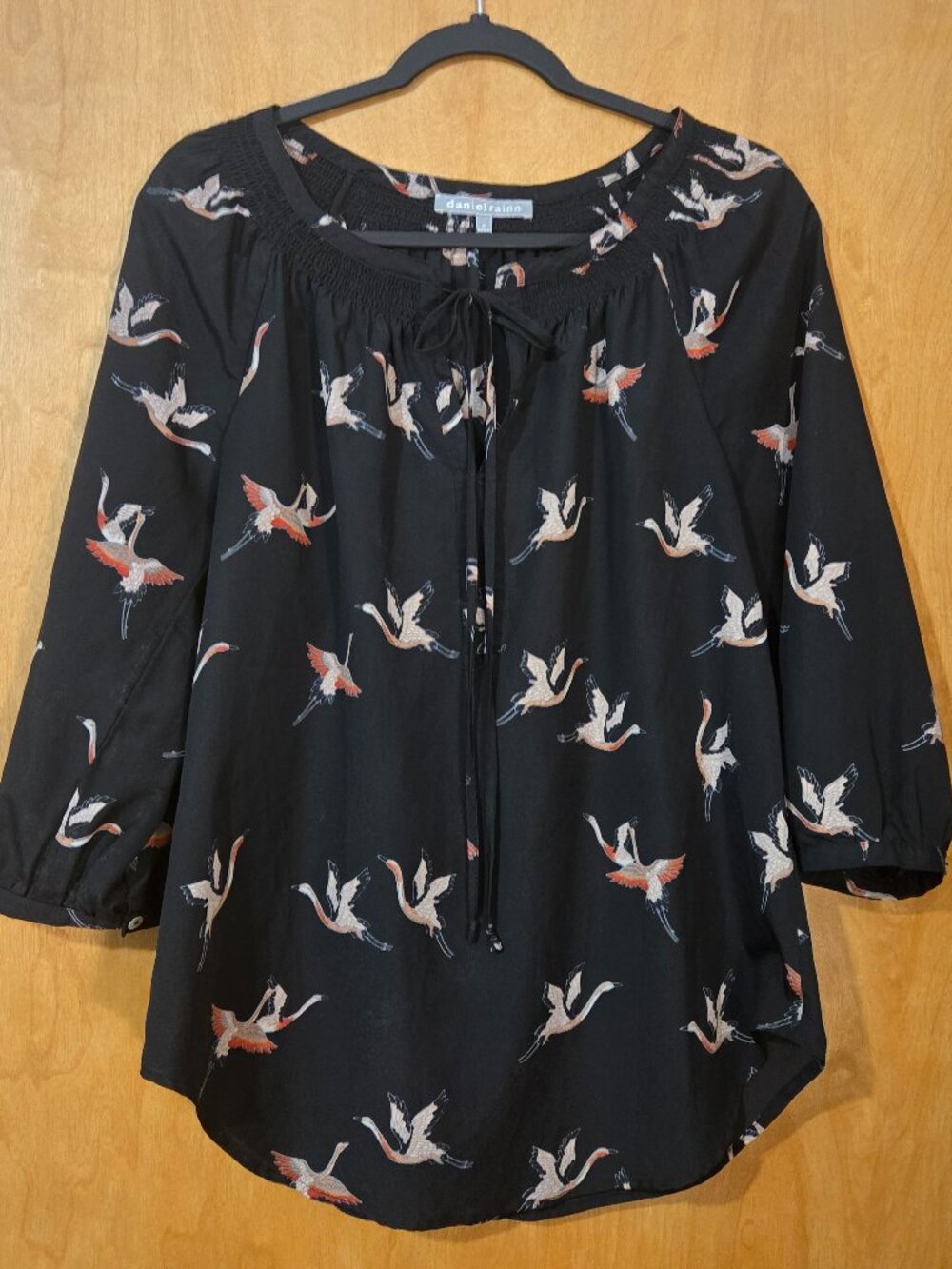 Daniel Rainn Black Crane Print Popover Blouse  Black Women's M Bird Nature Flowy
